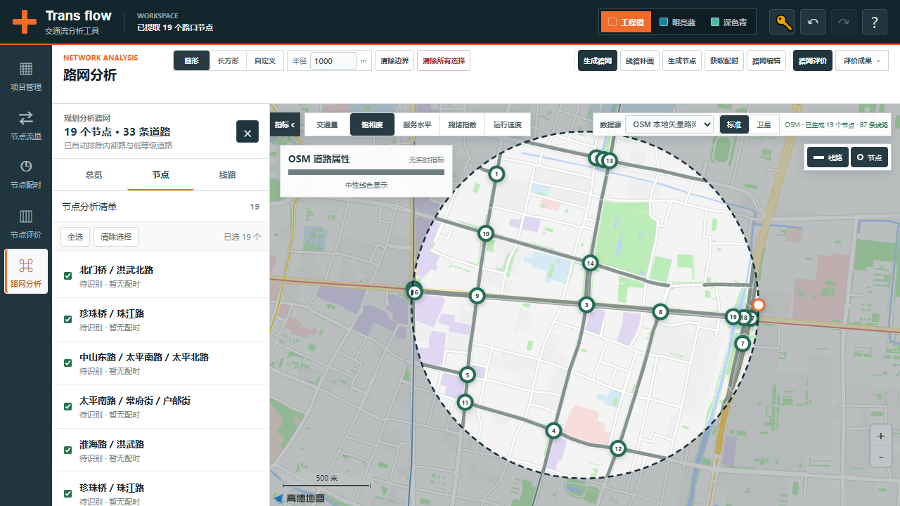 Trans Flow 路网分析工作台，展示区域内节点、线路和评价指标